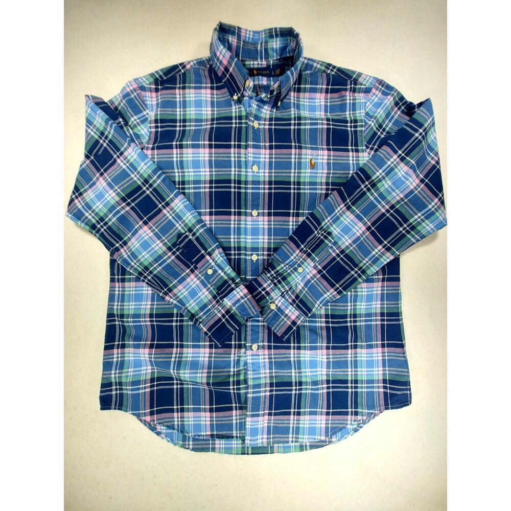 Polo Ralph Lauren Long Sleeve Polo Shirt Pink Blue Plaid Mens Large Natural Pony